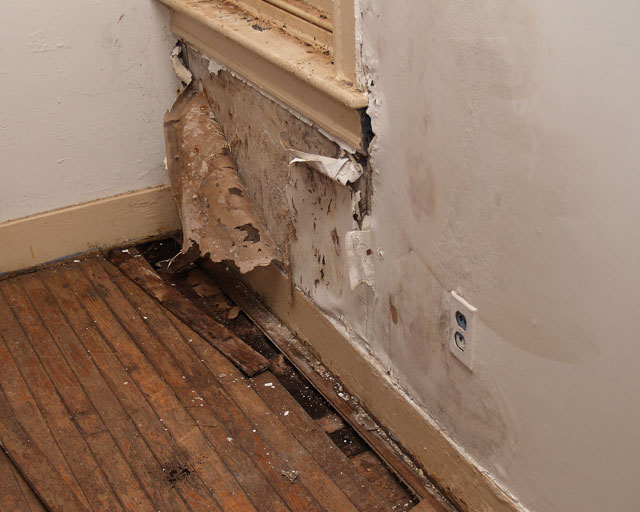 water damage to wall and floor